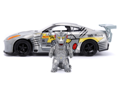 2009 Nissan GT-R (R35) Ben Sopra Brushed Metal with Black Top and Graphics and Mechagodzilla Diecast Figure "Godzilla" Franchise "Anime Hollywood Rides" Series 1/24 Diecast Model by Jada