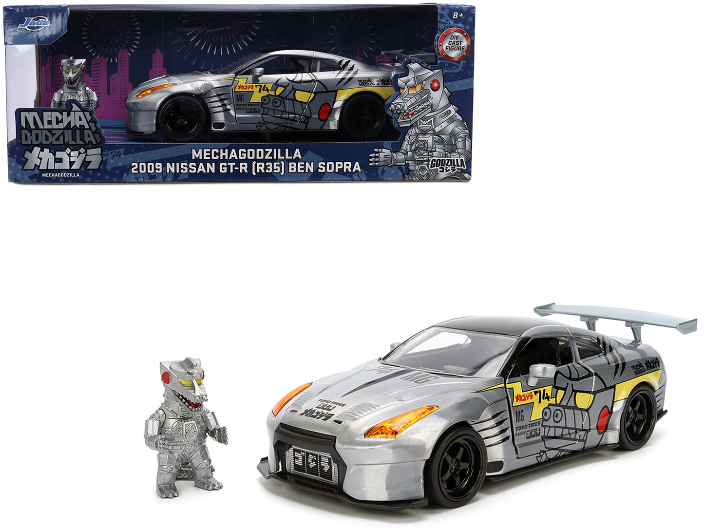 2009 Nissan GT-R (R35) Ben Sopra Brushed Metal with Black Top and Graphics and Mechagodzilla Diecast Figure "Godzilla" Franchise "Anime Hollywood Rides" Series 1/24 Diecast Model by Jada
