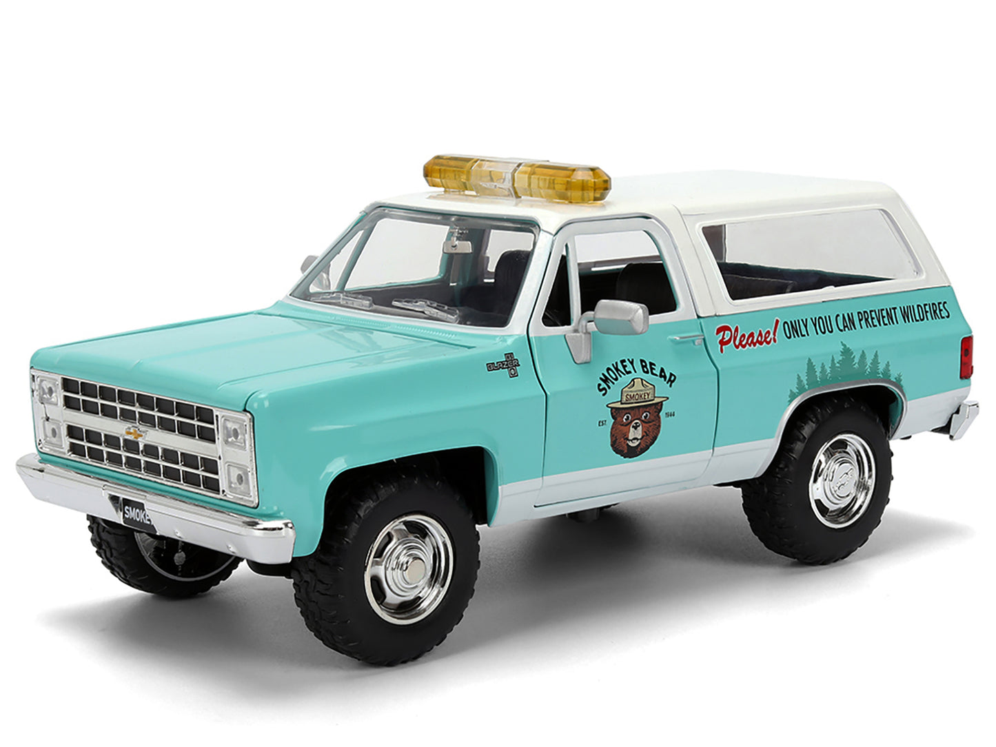 1980 Chevrolet Blazer Light Green with White Top and Graphics and Smokey Bear Diecast Figure "Smokey Bear" "Hollywood Rides" Series 1/24 Diecast Model by Jada