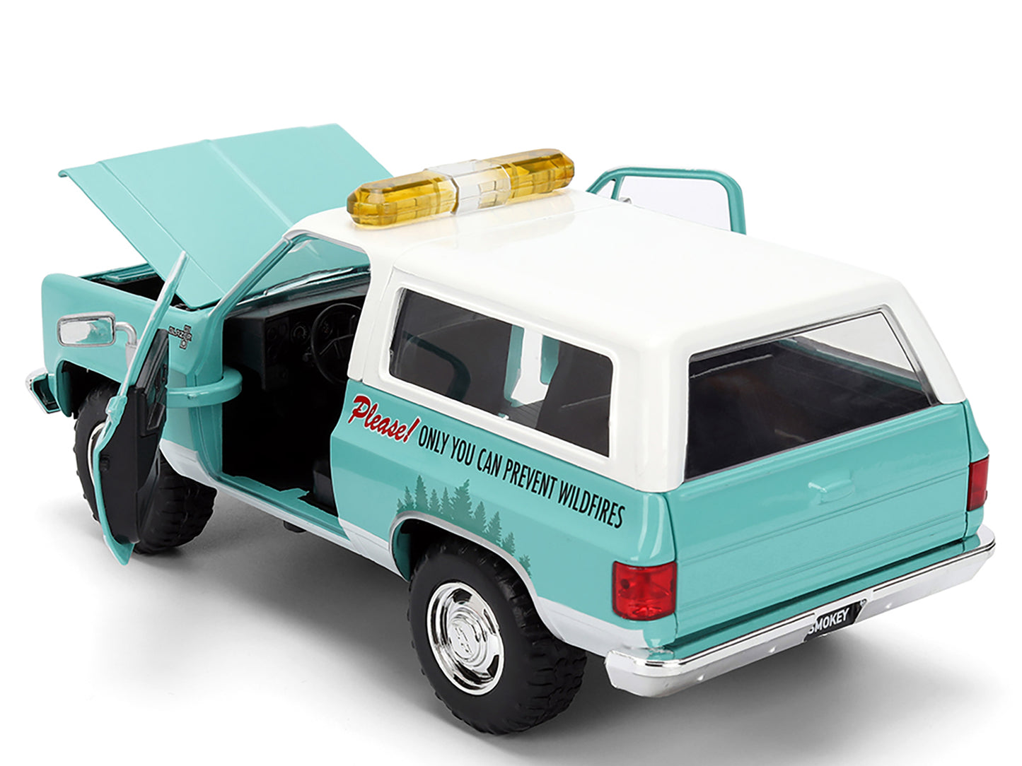 1980 Chevrolet Blazer Light Green with White Top and Graphics and Smokey Bear Diecast Figure "Smokey Bear" "Hollywood Rides" Series 1/24 Diecast Model by Jada