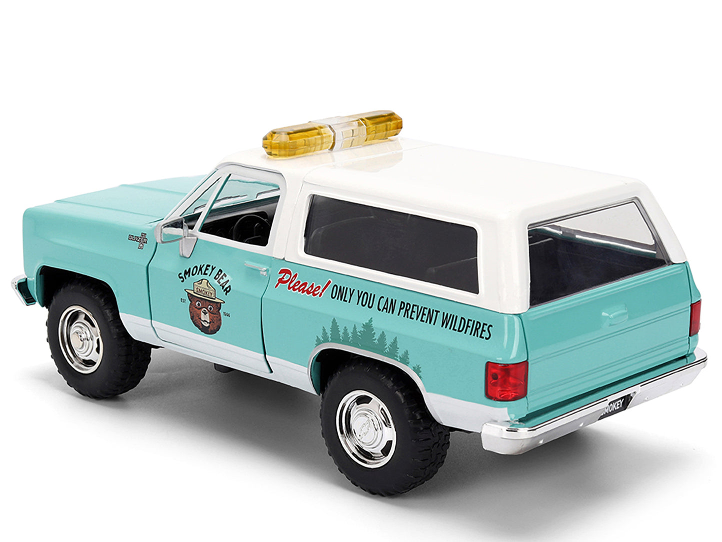 1980 Chevrolet Blazer Light Green with White Top and Graphics and Smokey Bear Diecast Figure "Smokey Bear" "Hollywood Rides" Series 1/24 Diecast Model by Jada
