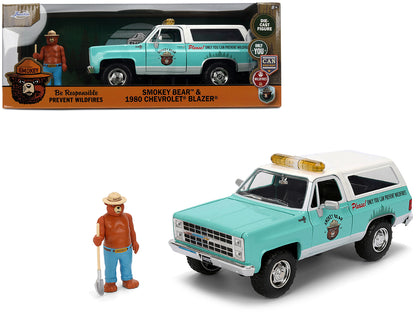 1980 Chevrolet Blazer Light Green with White Top and Graphics and Smokey Bear Diecast Figure "Smokey Bear" "Hollywood Rides" Series 1/24 Diecast Model by Jada