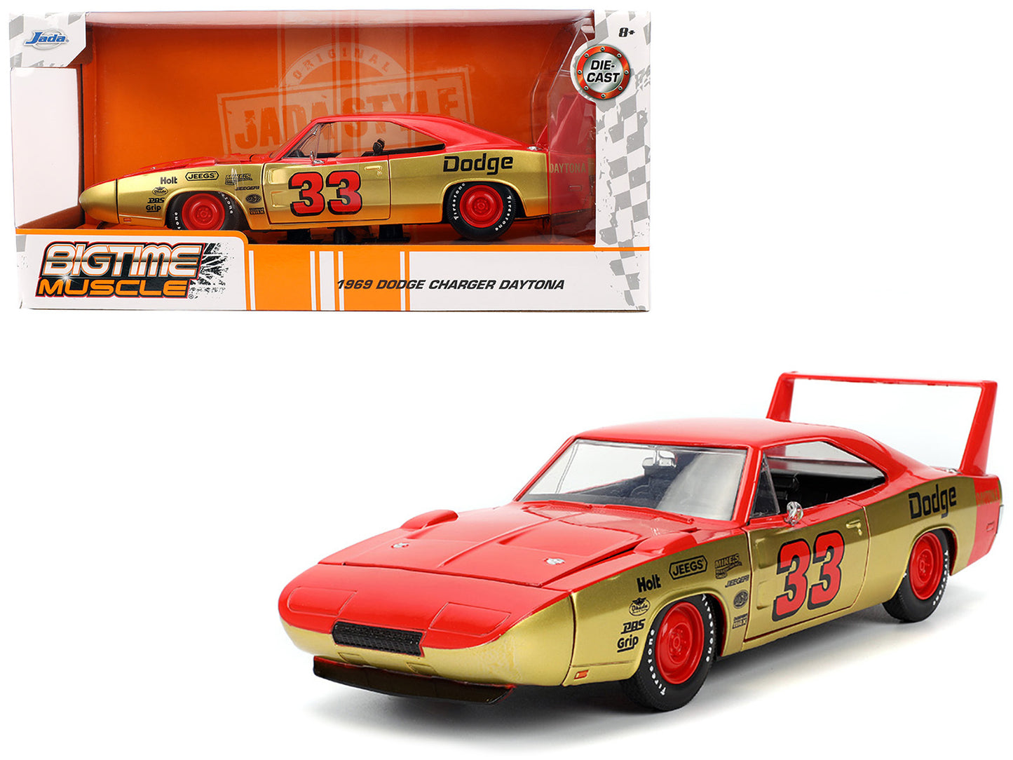 1969 Dodge Charger Daytona #33 Red and Gold Metallic with Graphics "Bigtime Muscle" Series 1/24 Diecast Model Car by Jada-DiecastModeler.com