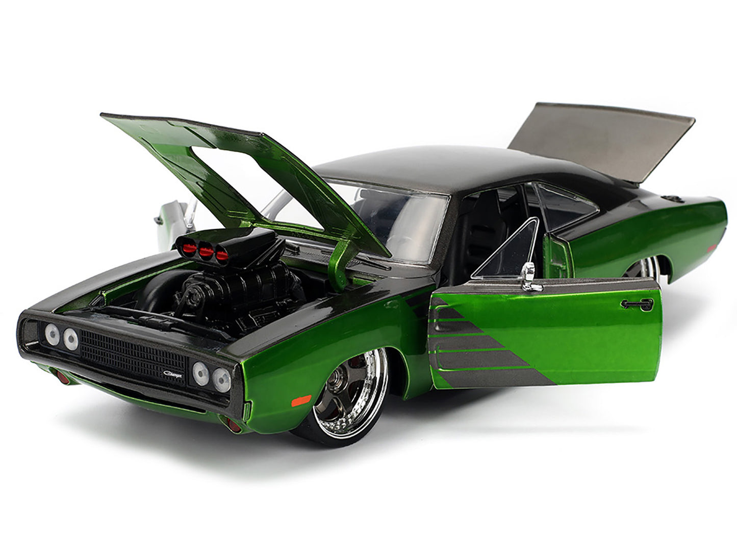 1970 Dodge Charger R/T Dark Gray Metallic and Green Metallic with Dark Gray Stripes "Bigtime Muscle" Series 1/24 Diecast Model Car by Jada-DiecastModeler.com