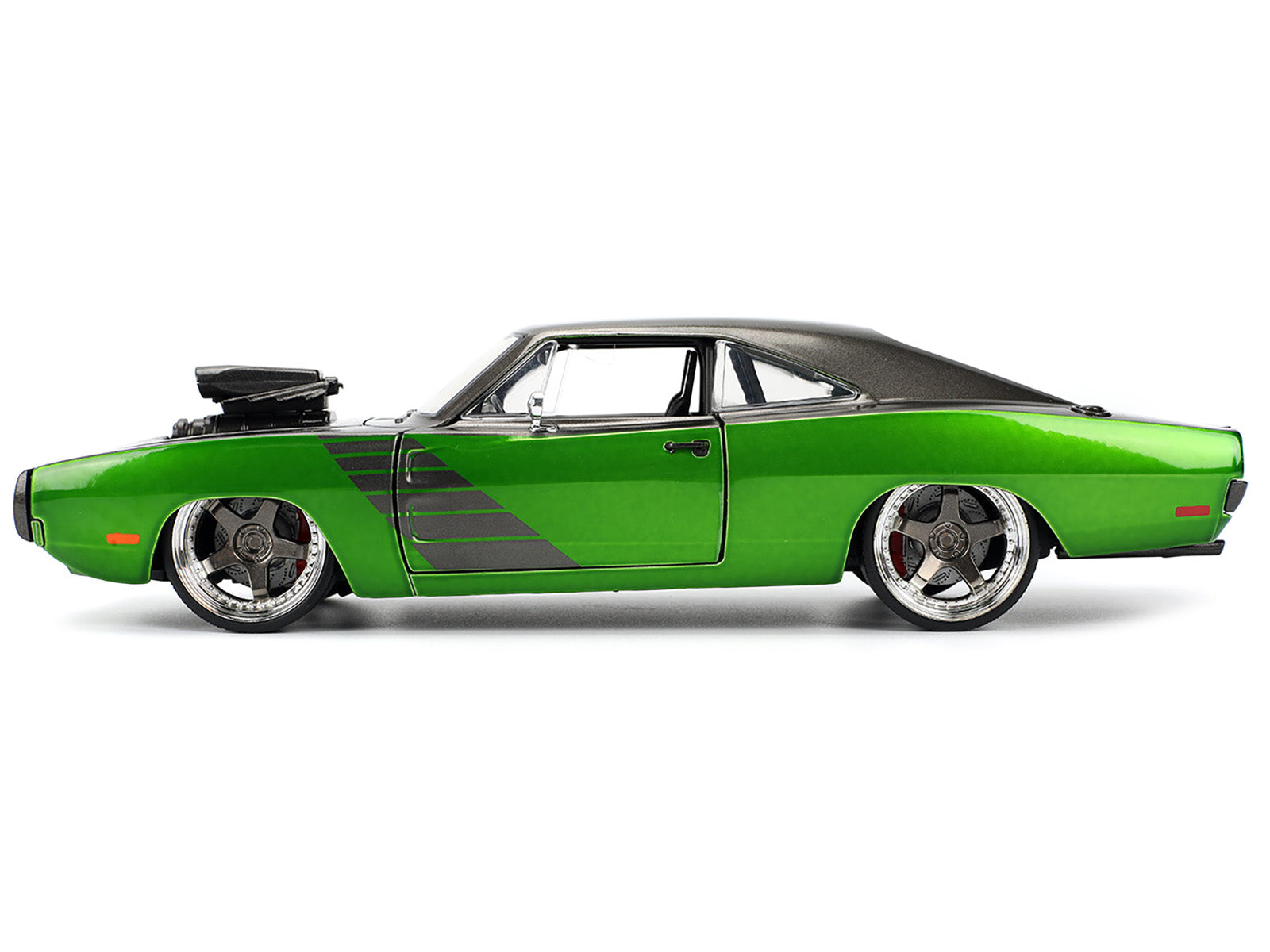 1970 Dodge Charger R/T Dark Gray Metallic and Green Metallic with Dark Gray Stripes "Bigtime Muscle" Series 1/24 Diecast Model Car by Jada-DiecastModeler.com