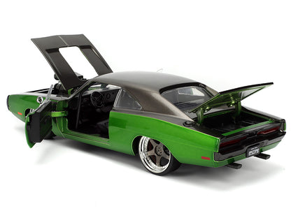 1970 Dodge Charger R/T Dark Gray Metallic and Green Metallic with Dark Gray Stripes "Bigtime Muscle" Series 1/24 Diecast Model Car by Jada-DiecastModeler.com