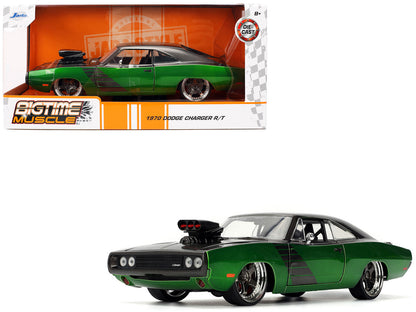 1970 Dodge Charger R/T Dark Gray Metallic and Green Metallic with Dark Gray Stripes "Bigtime Muscle" Series 1/24 Diecast Model Car by Jada-DiecastModeler.com