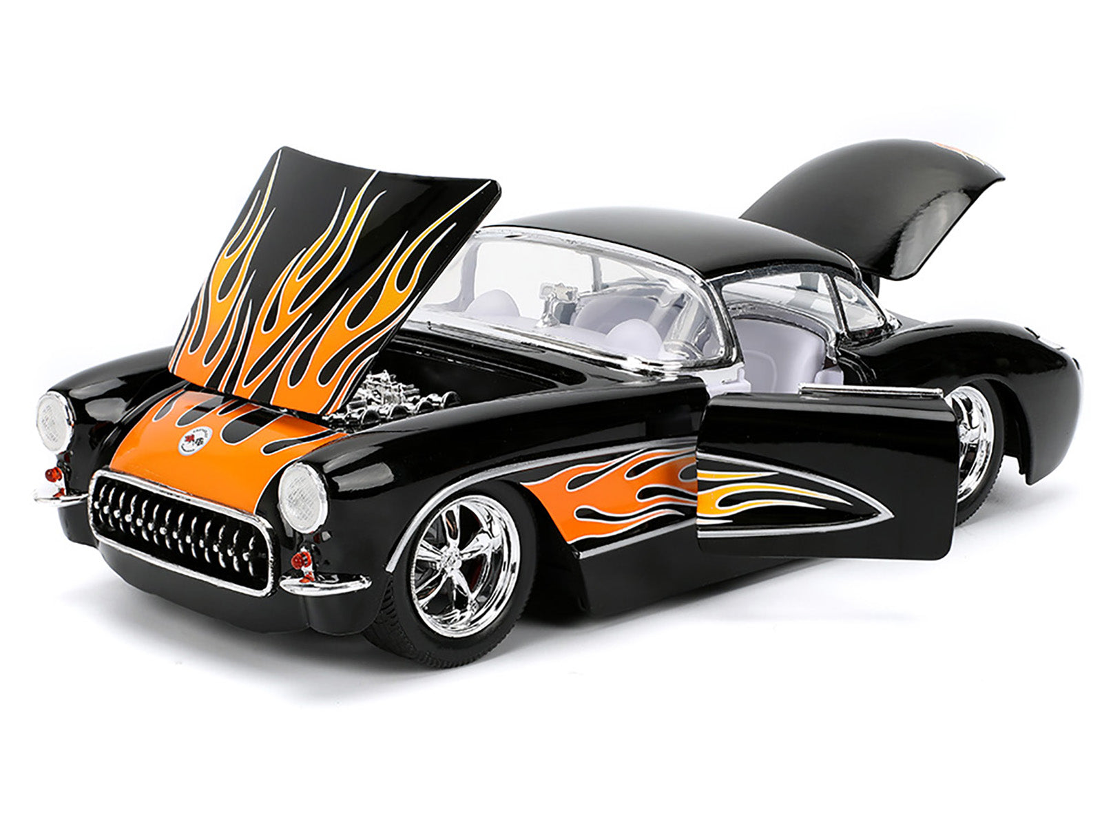 1957 Chevrolet Corvette Black with Flame Graphics and White Interior "Bigtime Muscle" Series 1/24 Diecast Model Car by Jada-DiecastModeler.com