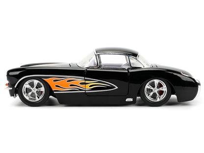 1957 Chevrolet Corvette Black with Flame Graphics and White Interior "Bigtime Muscle" Series 1/24 Diecast Model Car by Jada