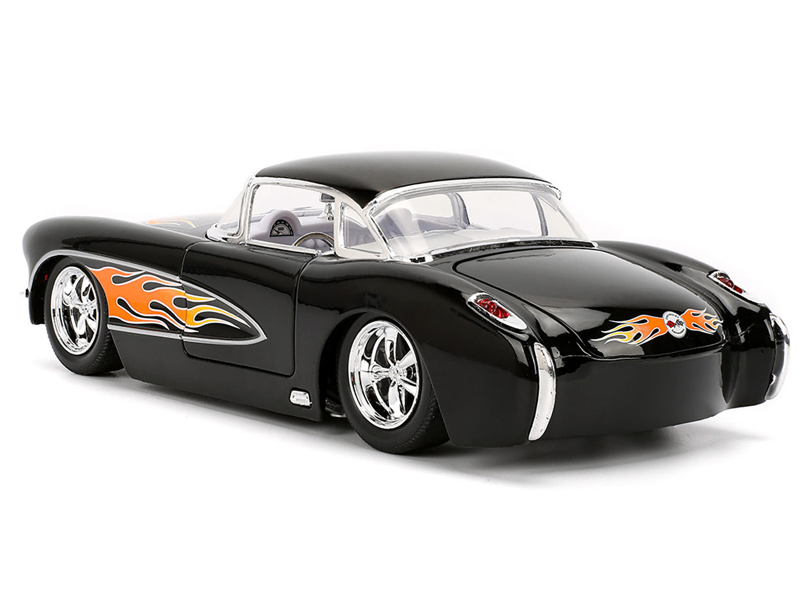 1957 Chevrolet Corvette Black with Flame Graphics and White Interior "Bigtime Muscle" Series 1/24 Diecast Model Car by Jada-DiecastModeler.com
