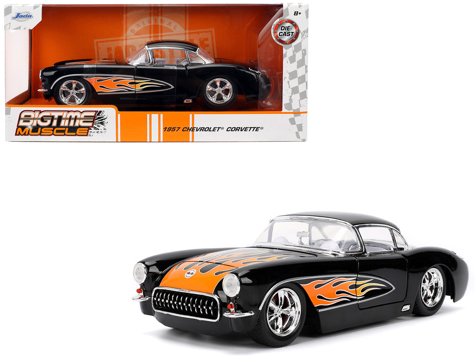 1957 Chevrolet Corvette Black with Flame Graphics and White Interior "Bigtime Muscle" Series 1/24 Diecast Model Car by Jada-DiecastModeler.com