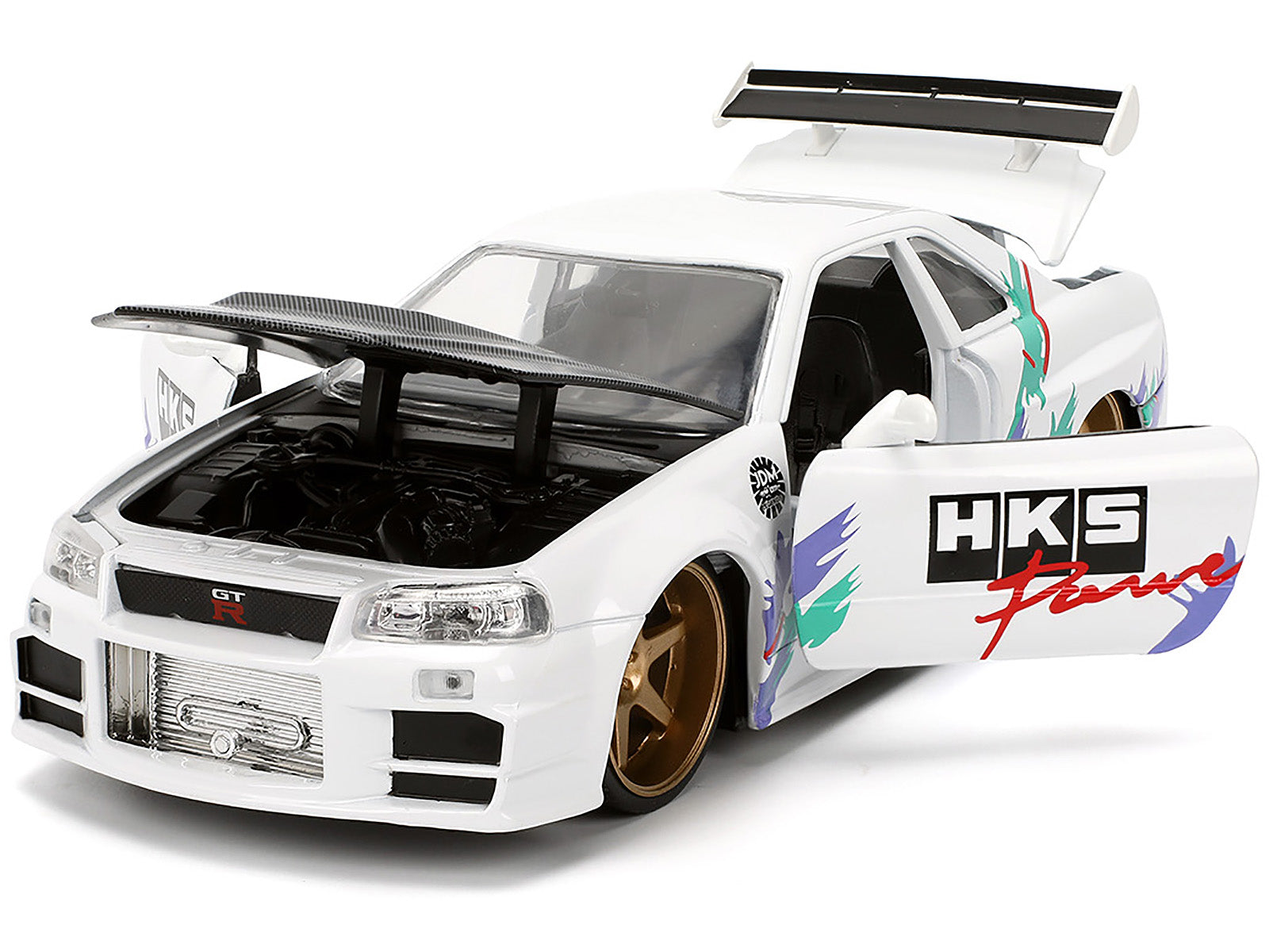 2002 Nissan Skyline GT-R (R34) RHD (Right Hand Drive) "HKS Power" White with Carbon Hood and Graphics "JDM Tuners" Series 1/24 Diecast Model Car by Jada-DiecastModeler.com