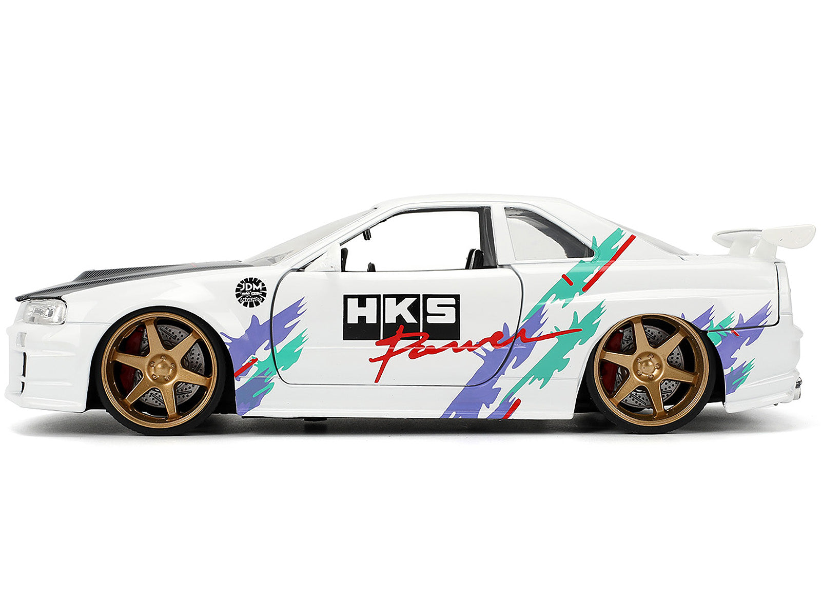 2002 Nissan Skyline GT-R (R34) RHD (Right Hand Drive) "HKS Power" White with Carbon Hood and Graphics "JDM Tuners" Series 1/24 Diecast Model Car by Jada-DiecastModeler.com