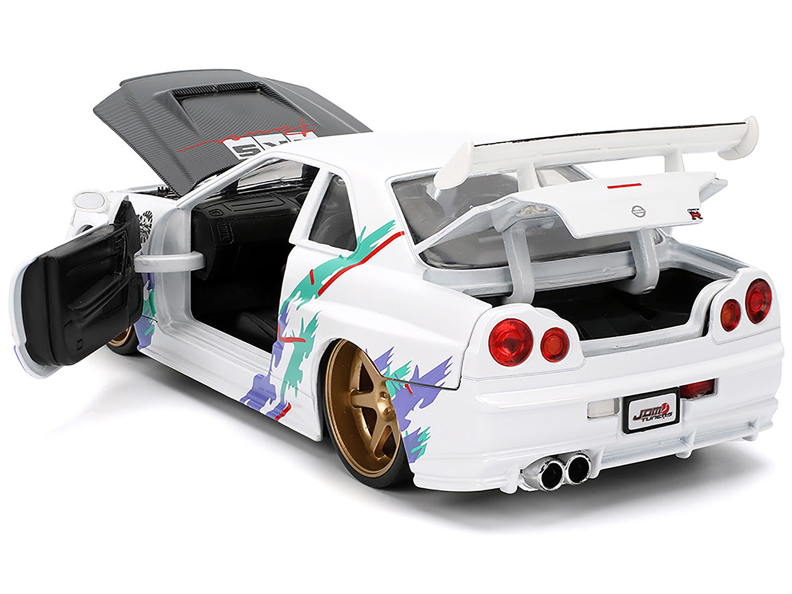 2002 Nissan Skyline GT-R (R34) RHD (Right Hand Drive) "HKS Power" White with Carbon Hood and Graphics "JDM Tuners" Series 1/24 Diecast Model Car by Jada-DiecastModeler.com