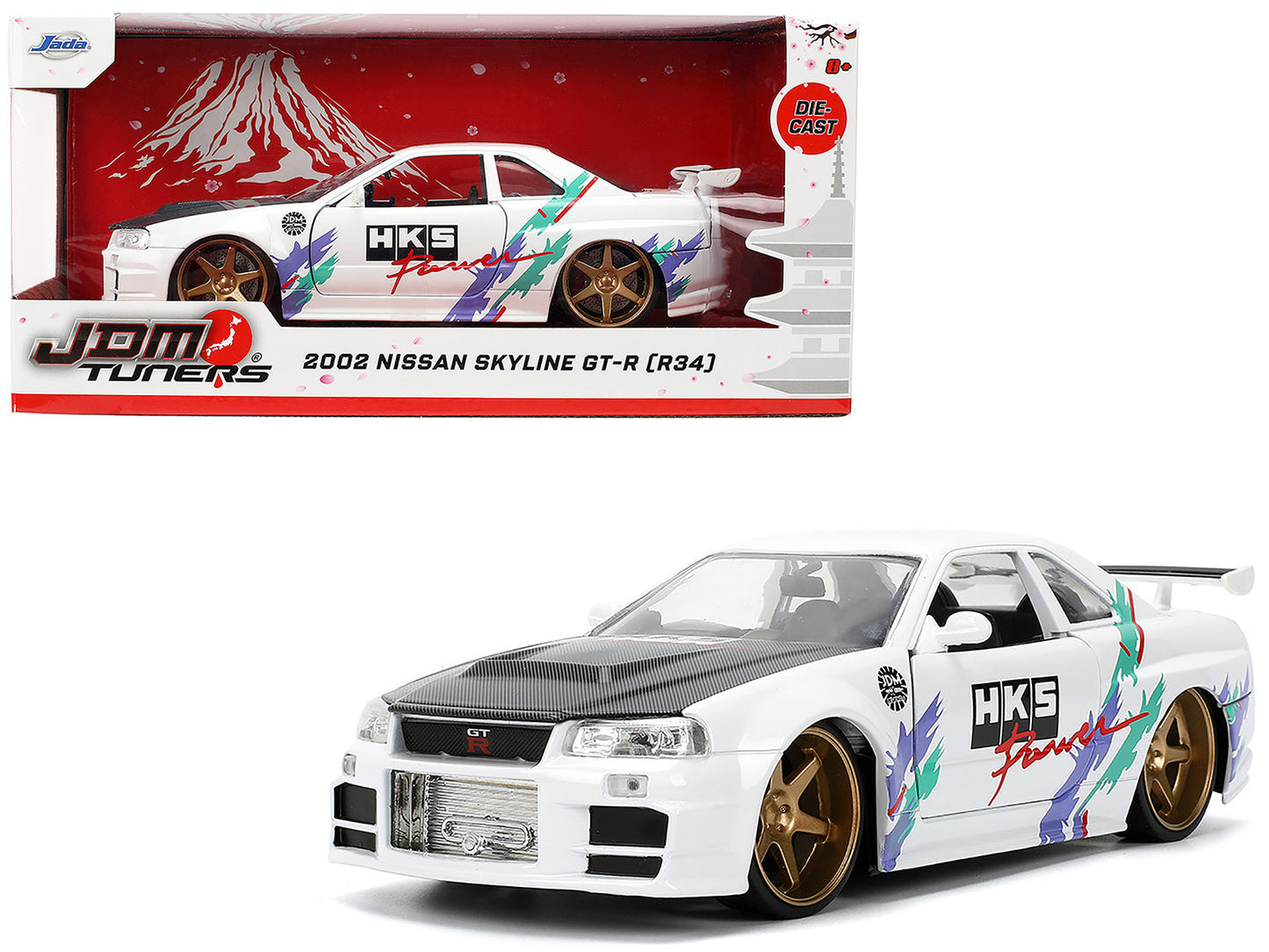 2002 Nissan Skyline GT-R (R34) RHD (Right Hand Drive) "HKS Power" White with Carbon Hood and Graphics "JDM Tuners" Series 1/24 Diecast Model Car by Jada-DiecastModeler.com