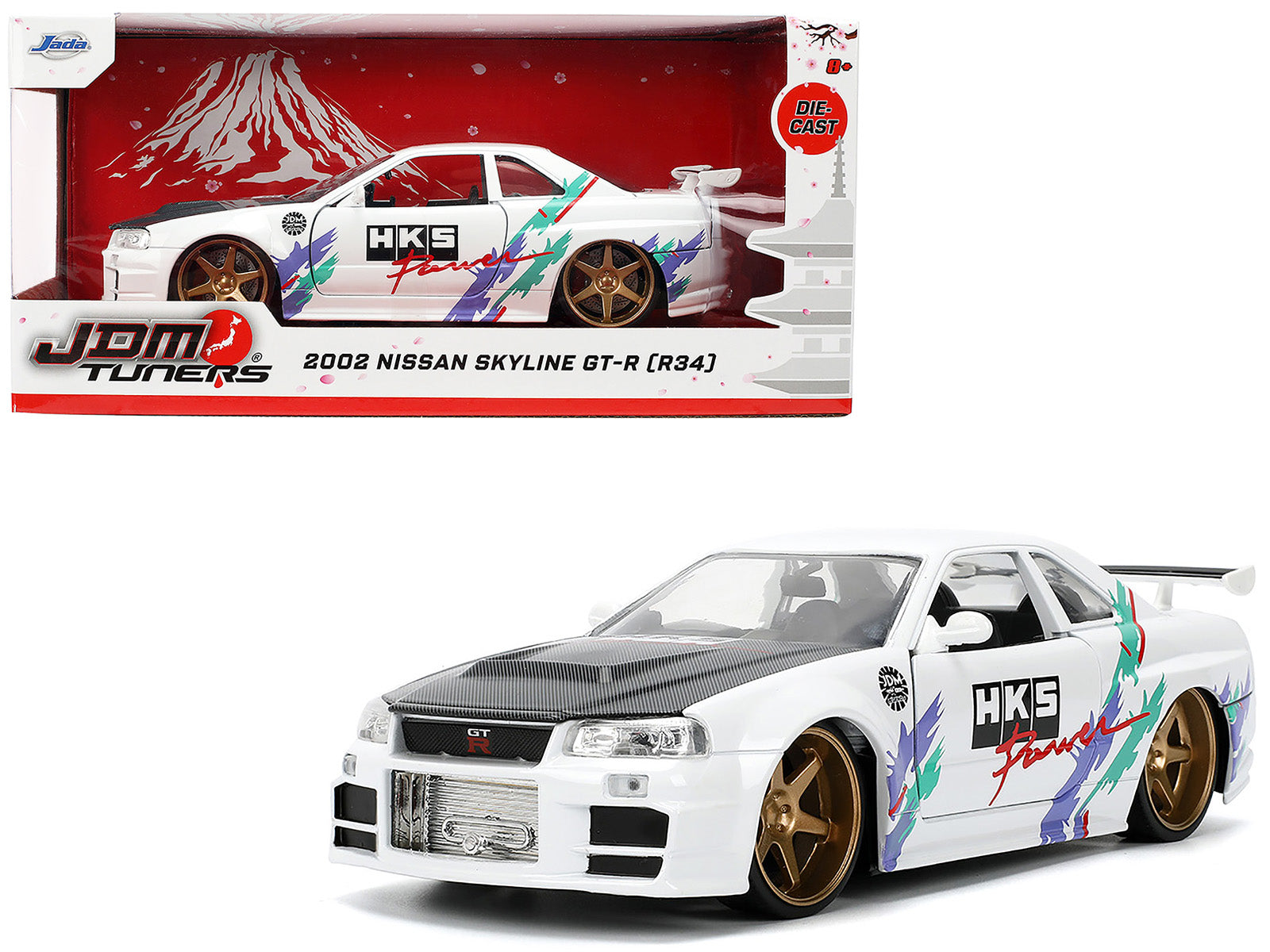 2002 Nissan Skyline GT-R (R34) RHD (Right Hand Drive) "HKS Power" White with Carbon Hood and Graphics "JDM Tuners" Series 1/24 Diecast Model Car by Jada-DiecastModeler.com