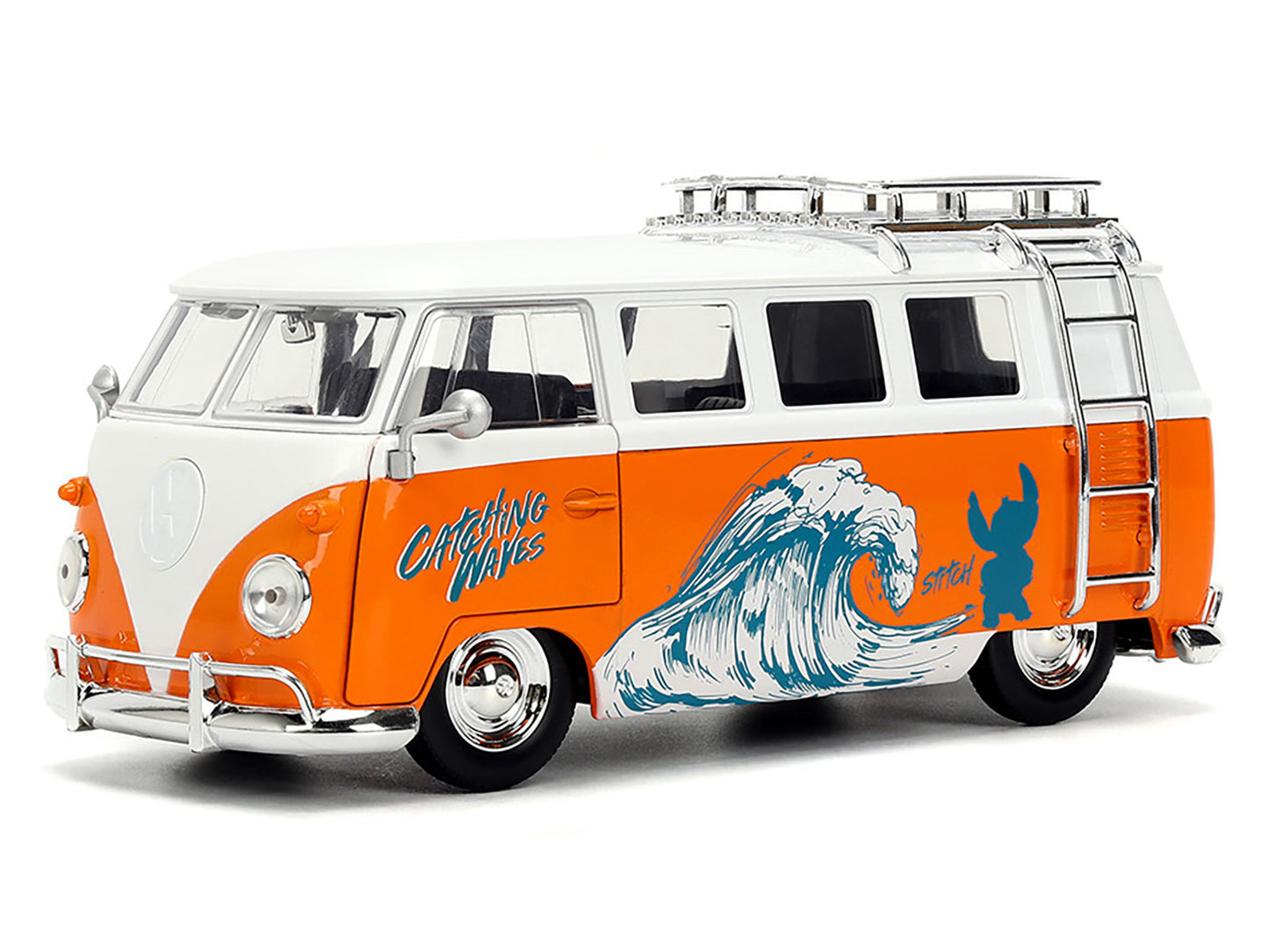 1961 Volkswagen Bus "Catching Waves" White and Orange with Stich Diecast Figure "Disney's Stitch" "Hollywood Rides" Series 1/24 Diecast Model by Jada