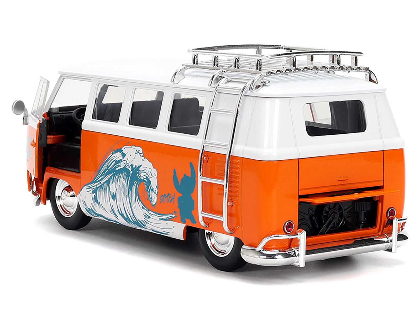 1961 Volkswagen Bus "Catching Waves" White and Orange with Stich Diecast Figure "Disney's Stitch" "Hollywood Rides" Series 1/24 Diecast Model by Jada-DiecastModeler.com