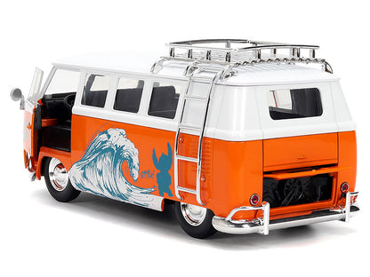 1961 Volkswagen Bus "Catching Waves" White and Orange with Stich Diecast Figure "Disney's Stitch" "Hollywood Rides" Series 1/24 Diecast Model by Jada-DiecastModeler.com