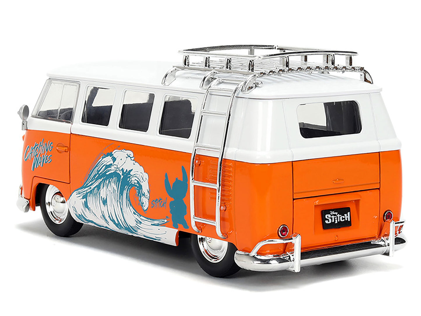 1961 Volkswagen Bus "Catching Waves" White and Orange with Stich Diecast Figure "Disney's Stitch" "Hollywood Rides" Series 1/24 Diecast Model by Jada-DiecastModeler.com