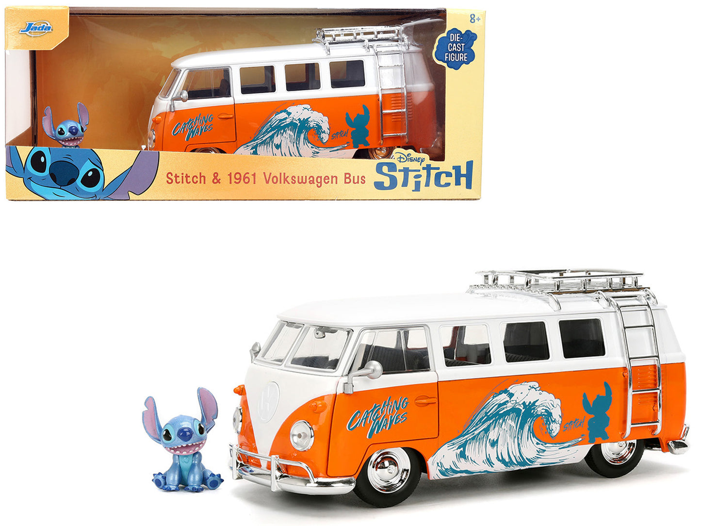 1961 Volkswagen Bus "Catching Waves" White and Orange with Stich Diecast Figure "Disney's Stitch" "Hollywood Rides" Series 1/24 Diecast Model by Jada-DiecastModeler.com