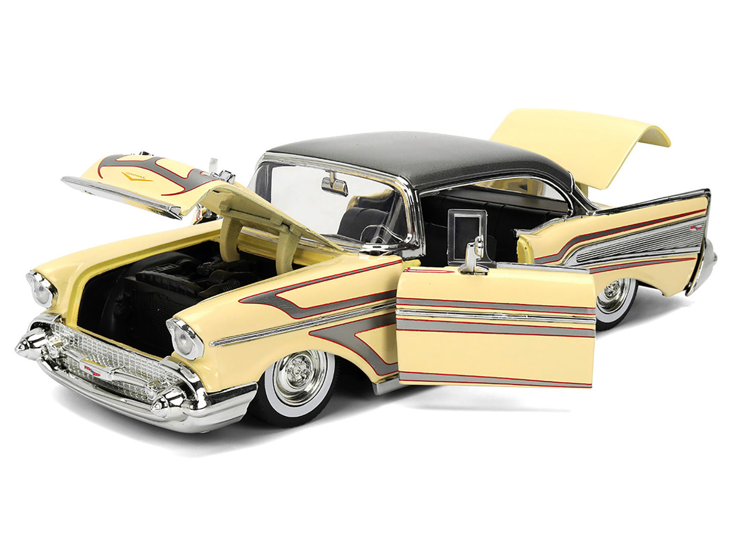 1957 Chevrolet Bel Air Cream with Graphics and Gray Metallic Top "Bigtime Muscle" Series 1/24 Diecast Model Car by Jada