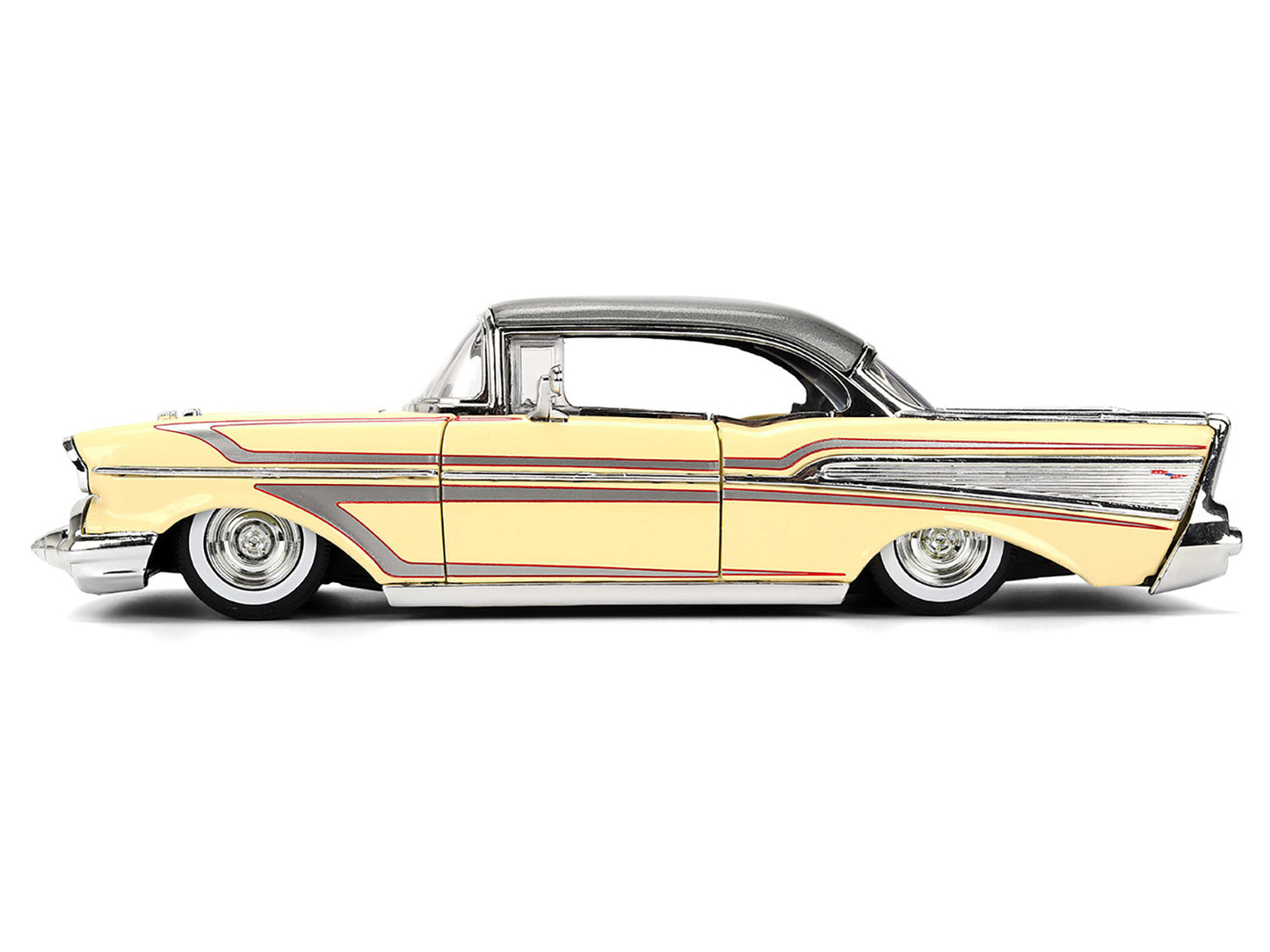 1957 Chevrolet Bel Air Cream with Graphics and Gray Metallic Top "Bigtime Muscle" Series 1/24 Diecast Model Car by Jada