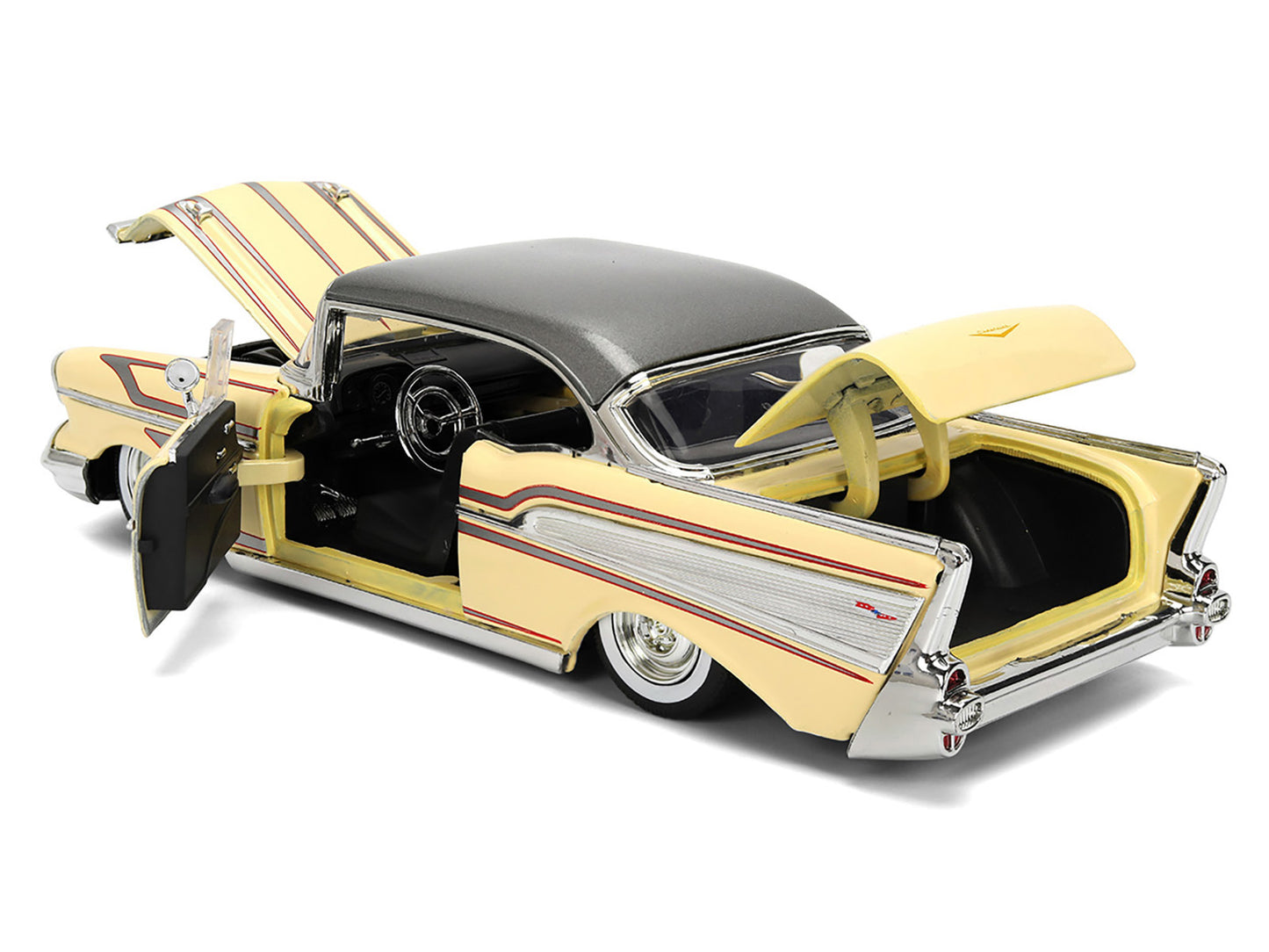 1957 Chevrolet Bel Air Cream with Graphics and Gray Metallic Top "Bigtime Muscle" Series 1/24 Diecast Model Car by Jada