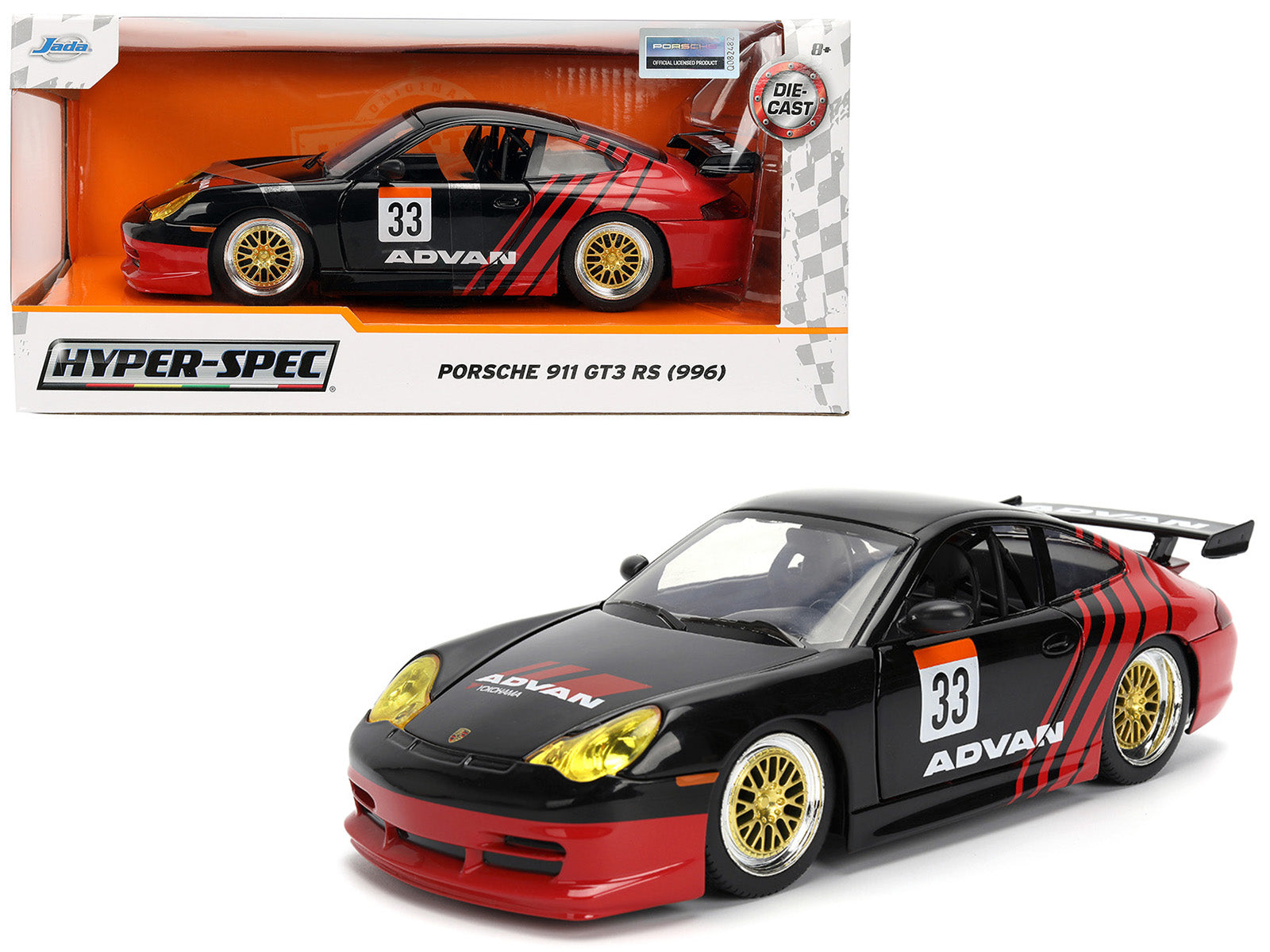 Porsche 911 GT3 RS (996) #33 "ADVAN" Black and Red "Hyper-Spec" Series 1/24 Diecast Model Car by Jada-DiecastModeler.com