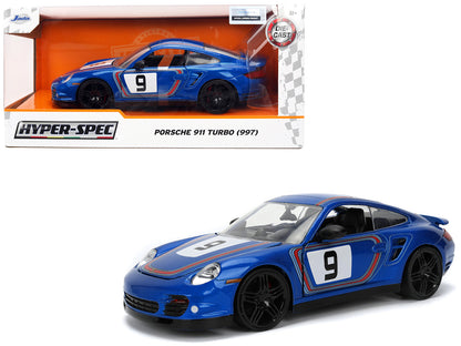 Porsche 911 Turbo (997) #9 Blue Metallic with Stripes "Hyper-Spec" Series 1/24 Diecast Model Car by Jada-DiecastModeler.com
