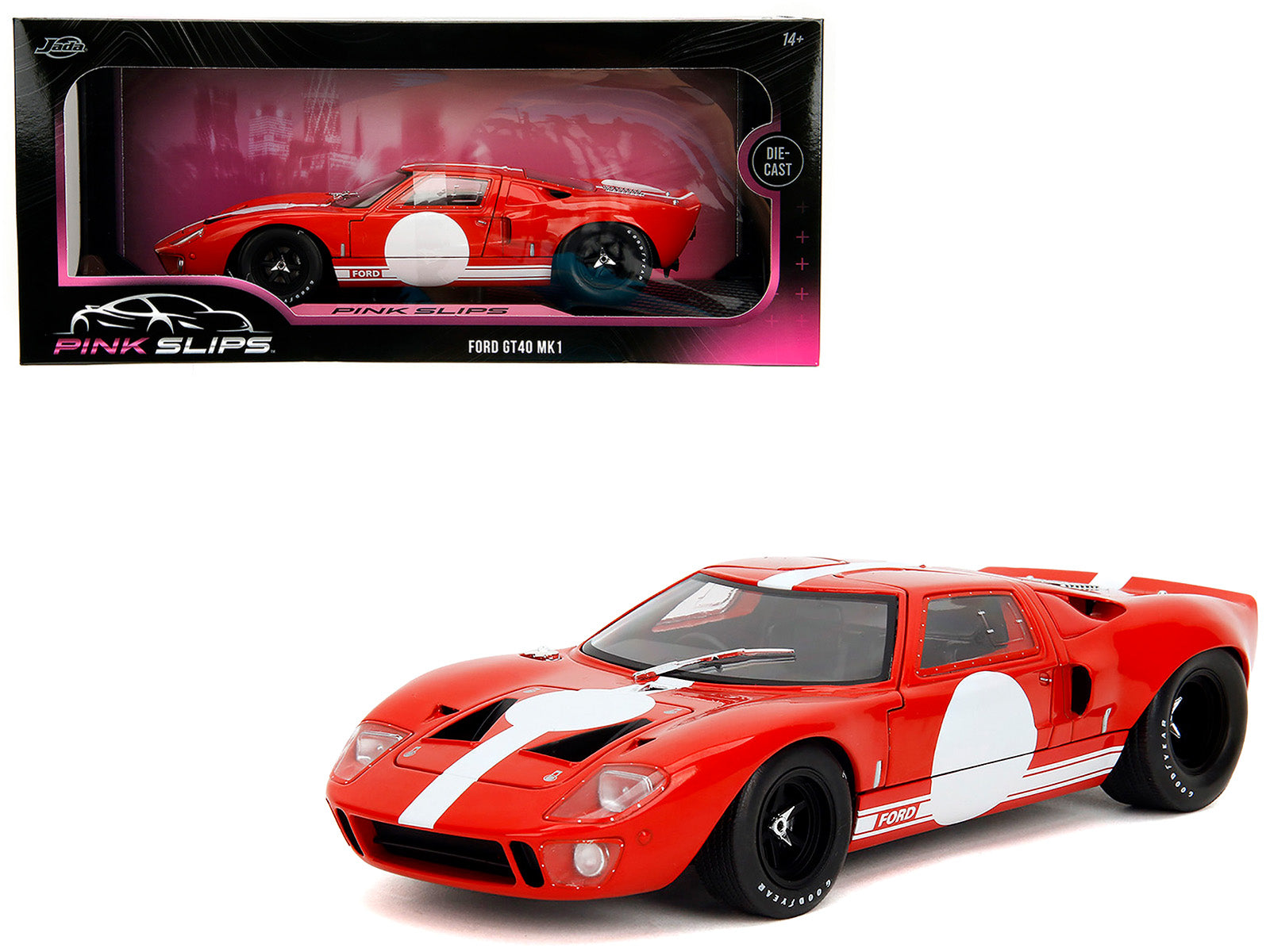 Ford GT40 MK1 Red with White Stripes and Graphics "Pink Slips" Series 1/18 Diecast Model Car by Jada-DiecastModeler.com