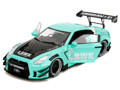Nissan GT-R (R35) Liberty Walk Body Kit 2.0 RHD (Right Hand Drive) Light Blue with Black Hood and White Stripes "Pink Slips" Series 1/18 Diecast Model Car by Jada-DiecastModeler.com