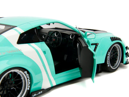 Nissan GT-R (R35) Liberty Walk Body Kit 2.0 RHD (Right Hand Drive) Light Blue with Black Hood and White Stripes "Pink Slips" Series 1/18 Diecast Model Car by Jada-DiecastModeler.com