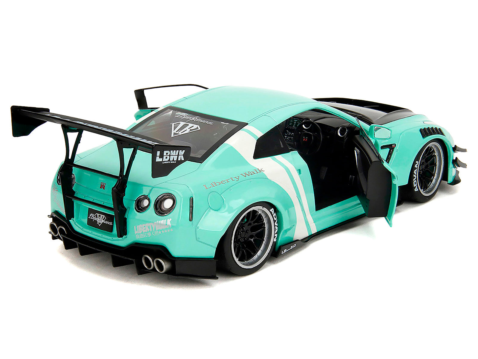 Nissan GT-R (R35) Liberty Walk Body Kit 2.0 RHD (Right Hand Drive) Light Blue with Black Hood and White Stripes "Pink Slips" Series 1/18 Diecast Model Car by Jada-DiecastModeler.com