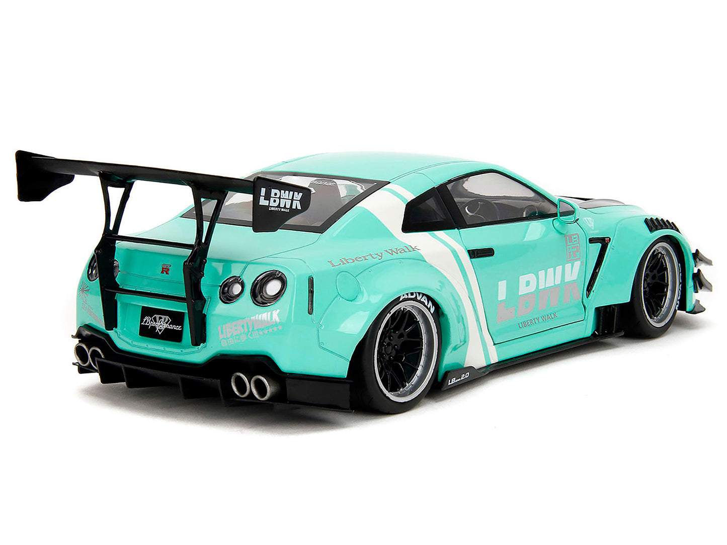 Nissan GT-R (R35) Liberty Walk Body Kit 2.0 RHD (Right Hand Drive) Light Blue with Black Hood and White Stripes "Pink Slips" Series 1/18 Diecast Model Car by Jada-DiecastModeler.com