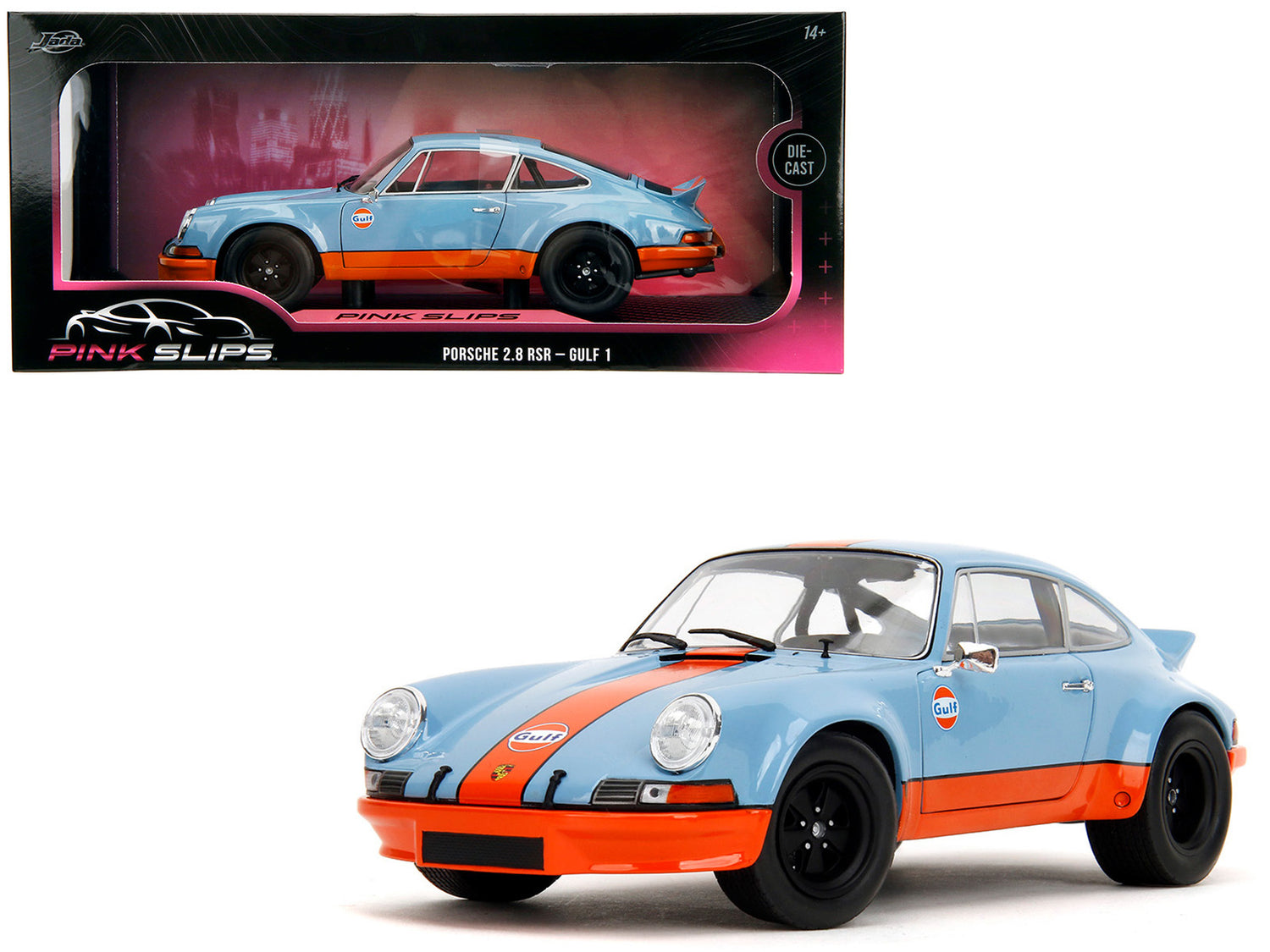 Porsche 911 RSR "Gulf Oil" Light Blue with Orange Stripes "Pink Slips" Series 1/18 Diecast Model Car by Jada-DiecastModeler.com