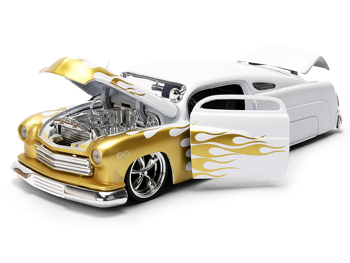 1951 Mercury Coupe White with Gold Flames "Bigtime Muscle" Series 1/24 Diecast Model Car by Jada