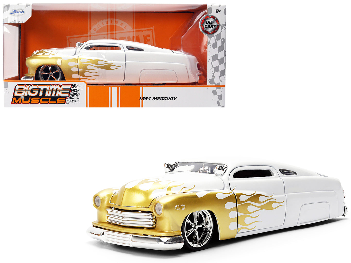 1951 Mercury Coupe White with Gold Flames "Bigtime Muscle" Series 1/24 Diecast Model Car by Jada-DiecastModeler.com