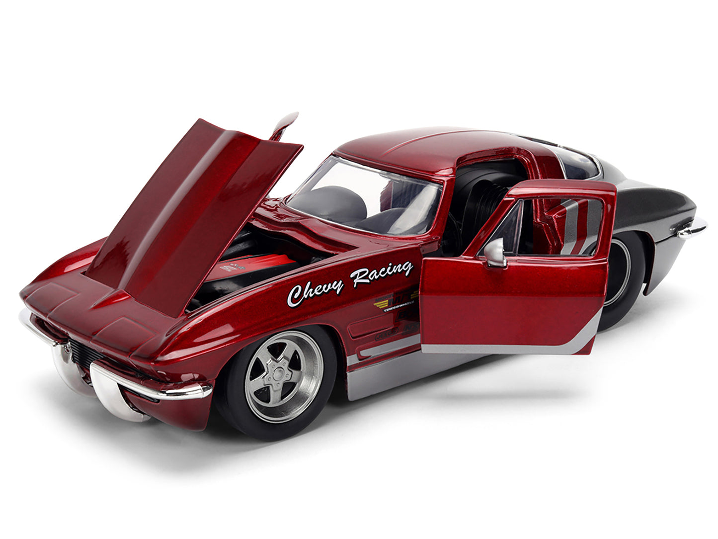 1963 Chevrolet Corvette Stingray "Chevy Racing" Red Metallic and Gray "Bigtime Muscle" Series 1/24 Diecast Model Car by Jada-DiecastModeler.com