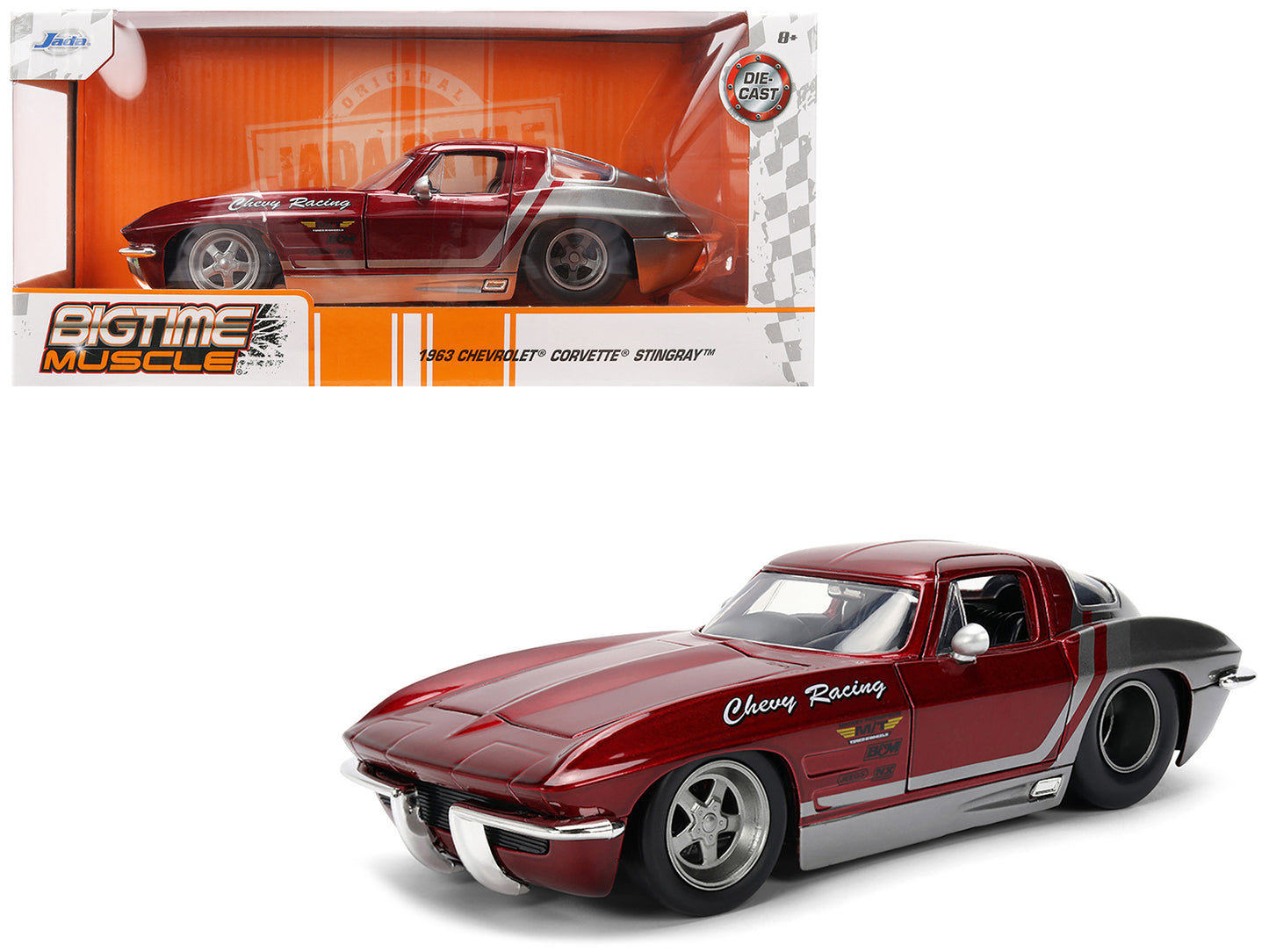 1963 Chevrolet Corvette Stingray "Chevy Racing" Red Metallic and Gray "Bigtime Muscle" Series 1/24 Diecast Model Car by Jada-DiecastModeler.com