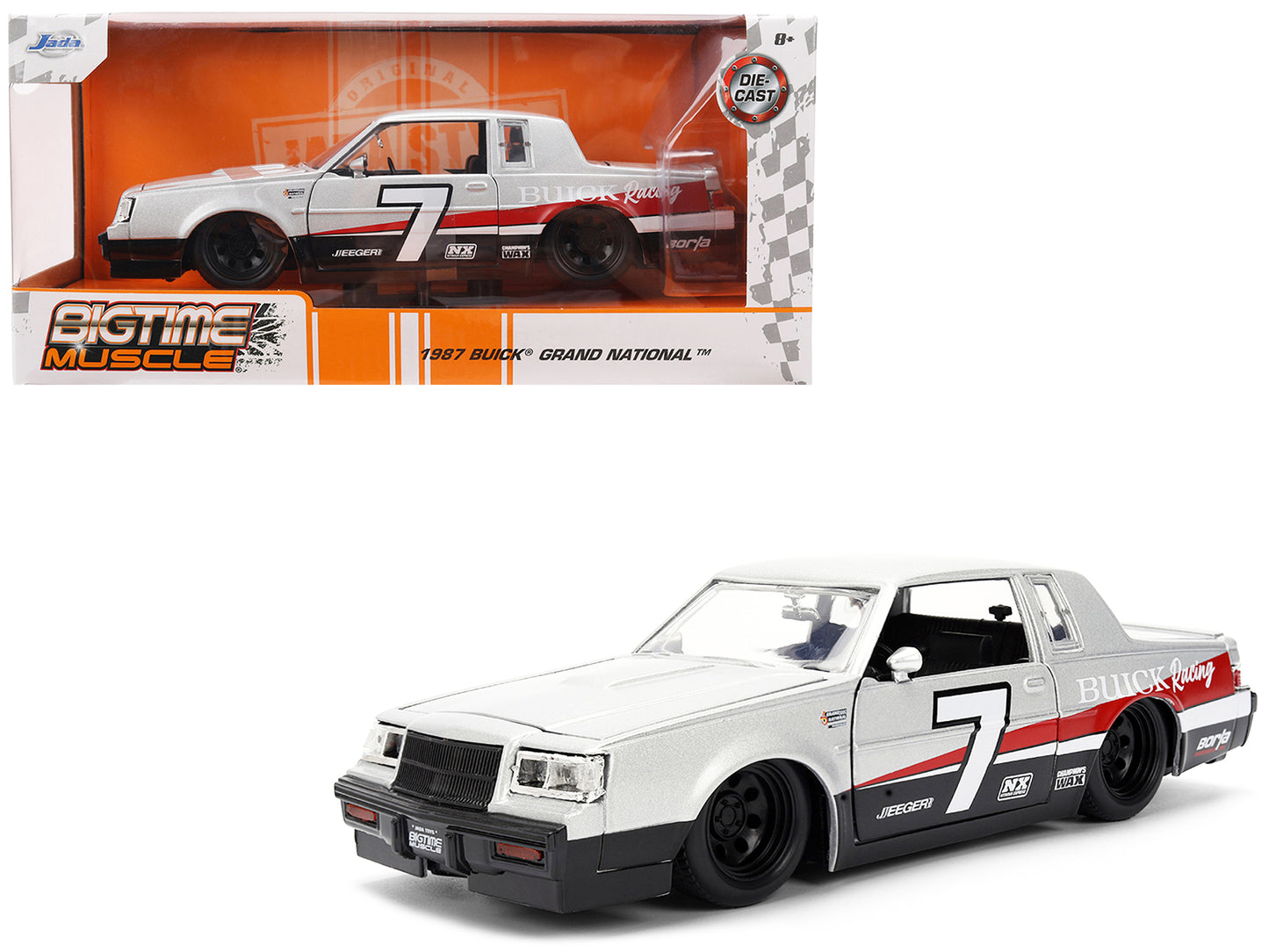1987 Buick Grand National #7 "Buick Racing" Matt Silver Metallic with Red and Black Stripes "Bigtime Muscle" Series 1/24 Diecast Model by Jada-DiecastModeler.com