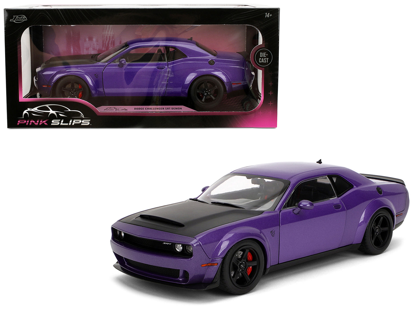 Dodge Challenger SRT Demon Purple Metallic with Matt Black Hood "Pink Slips" Series 1/18 Diecast Model Car by Jada