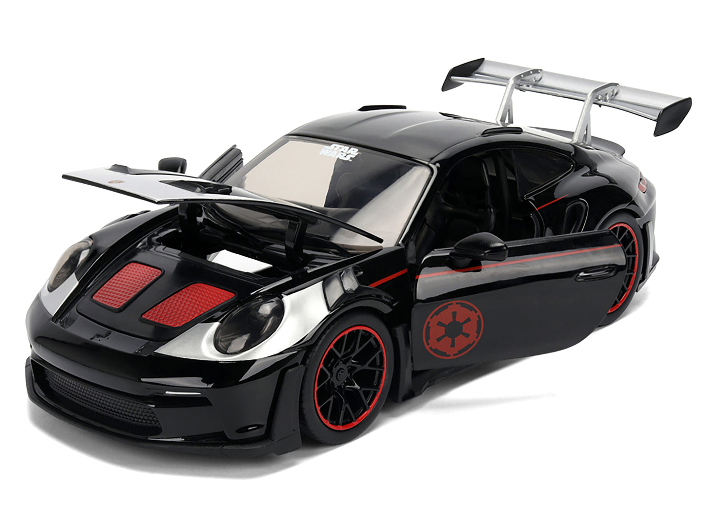 Porsche 911 GT3 RS (992) Black with Silver Hood and Graphics and Darth Vader Figure "Star Wars" Franchise "Hollywood Rides" Series 1/24 Diecast Model Car by Jada