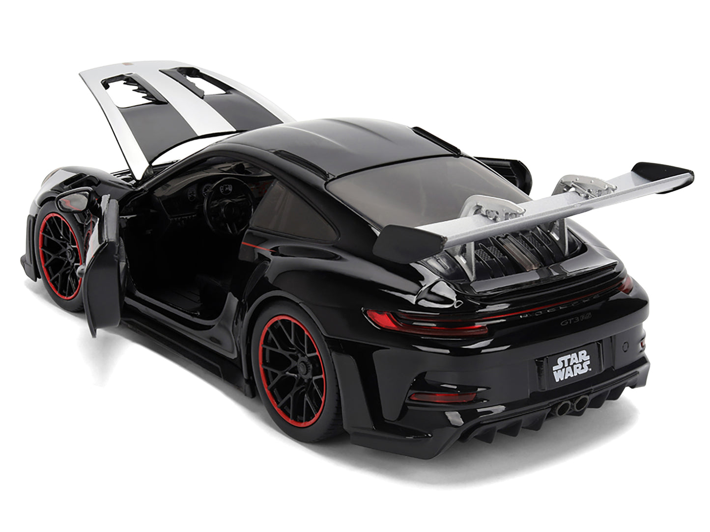 Porsche 911 GT3 RS (992) Black with Silver Hood and Graphics and Darth Vader Figure "Star Wars" Franchise "Hollywood Rides" Series 1/24 Diecast Model Car by Jada