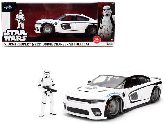 2021 Dodge Charger SRT Hellcat White with Graphics and Stormtrooper Figure "Star Wars" Franchise "Hollywood Rides" Series 1/24 Diecast Model Car by Jada