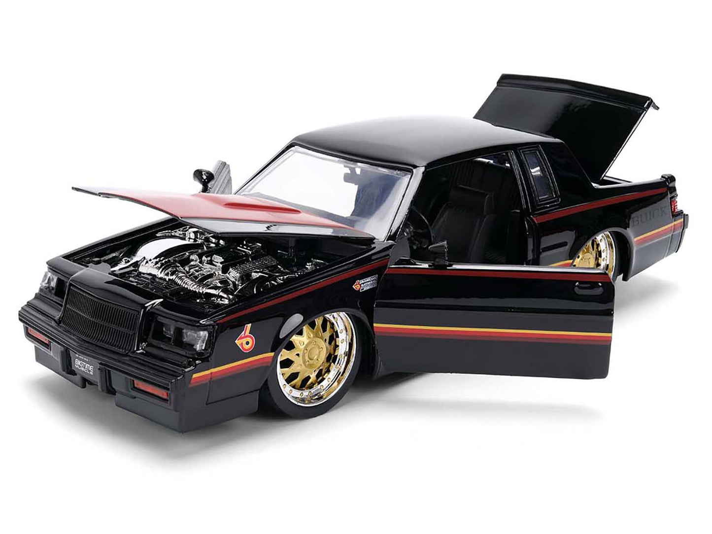1987 Buick Grand National Black with Matt Red Hood and Stripes "Bigtime Muscle" Series 1/24 Diecast Model Car by Jada