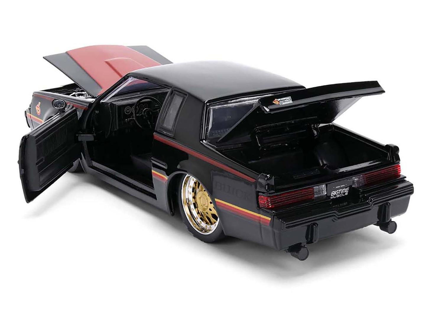 1987 Buick Grand National Black with Matt Red Hood and Stripes "Bigtime Muscle" Series 1/24 Diecast Model Car by Jada
