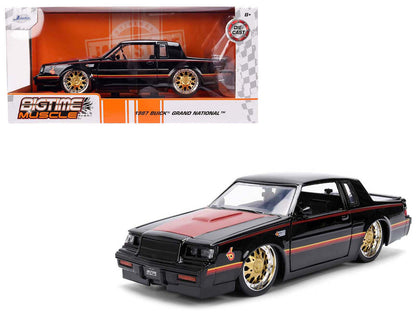 1987 Buick Grand National Black with Matt Red Hood and Stripes "Bigtime Muscle" Series 1/24 Diecast Model Car by Jada