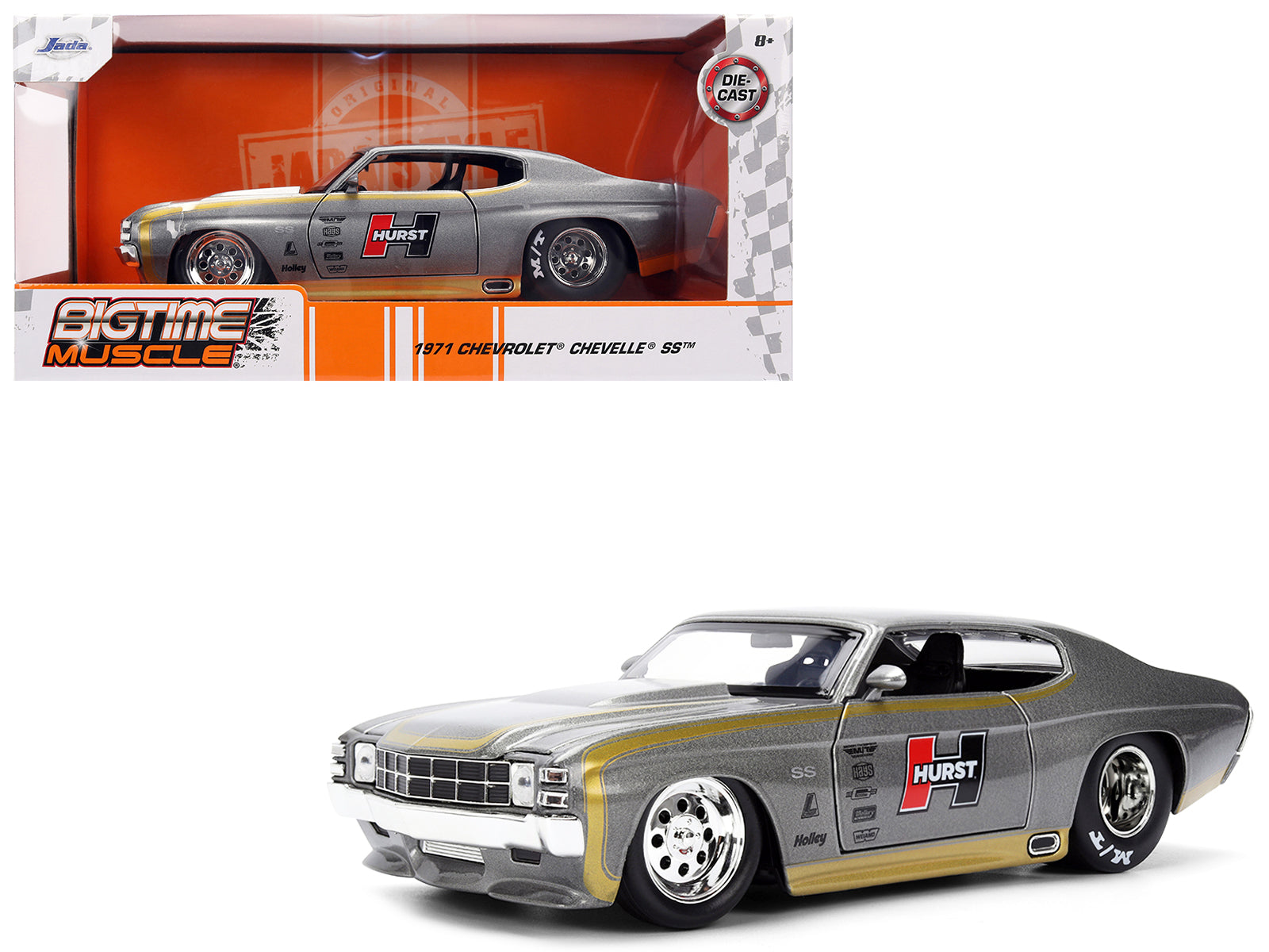 1971 Chevrolet Chevelle SS "Hurst" Gray Metallic with Gold Stripes "Bigtime Muscle" Series 1/24 Diecast Model Car by Jada-DiecastModeler.com