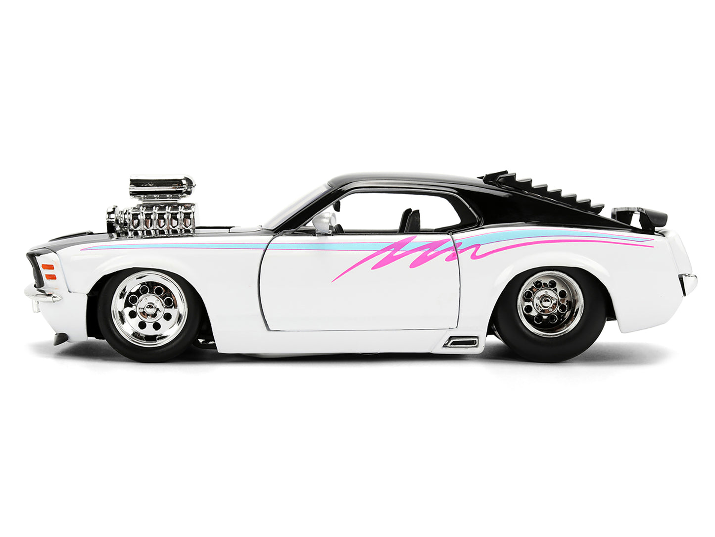 1970 Ford Mustang Boss 429 Black and White with Graphics "Bigtime Muscle" Series 1/24 Diecast Model Car by Jada-DiecastModeler.com